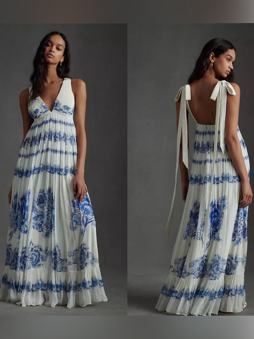 Sachin + Babi Ivory Halter Maxi Dress with Blue Floral Motif